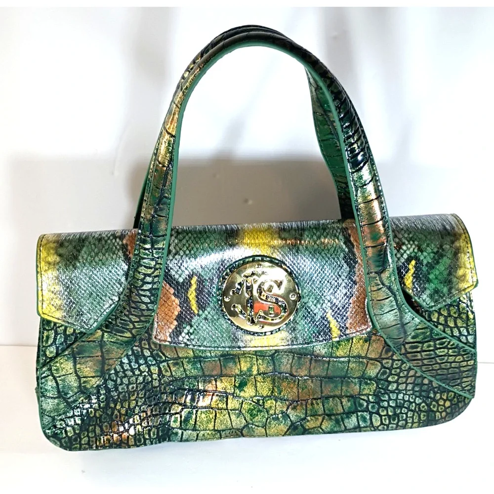 Vintage Sharif Metallic Green Gold Reptile Embossed Crossbody Flap Bag Y2K EUC